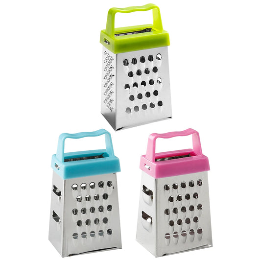 Mini Râpe Inox Multifonction – Ail, Légumes, Fromage avec poignées colorées vert, bleu et rose