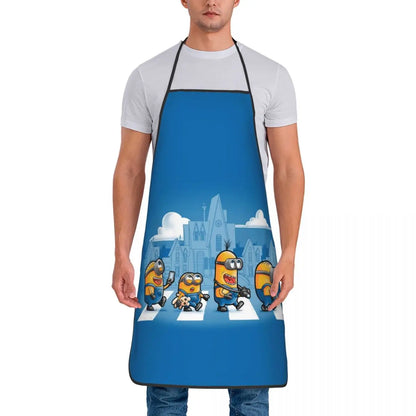 Tablier Cuisine Imperméable MINISO bleu avec dessin amusant de personnages jaunes en file