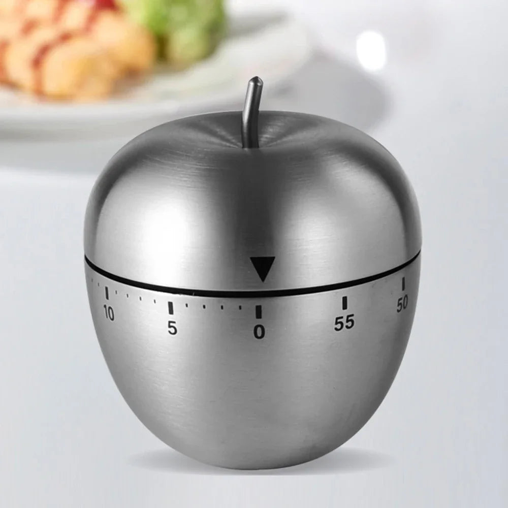 Minuteur mécanique cuisine inox en forme de pomme, compte à rebours 60 min pour une cuisson précise