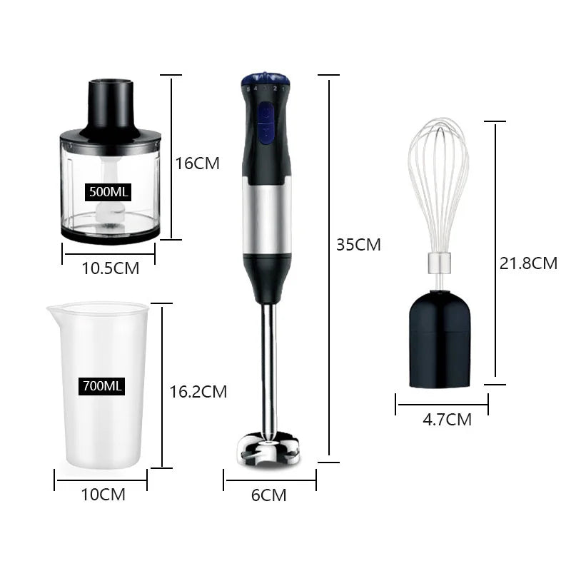 Mixeur plongeant 1000W 4-en-1 avec accessoires incluant un hachoir et un fouet pour une cuisine polyvalente