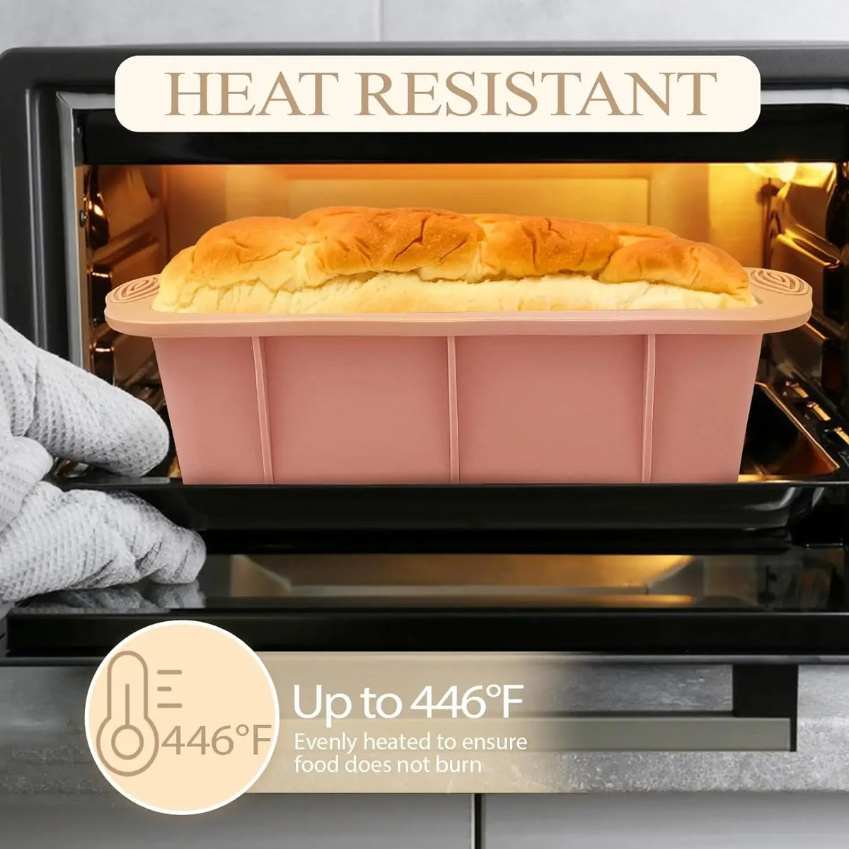 Moule à Cake en Silicone 25 cm – Rose placé dans un four, résistant à la chaleur jusqu'à 446°F