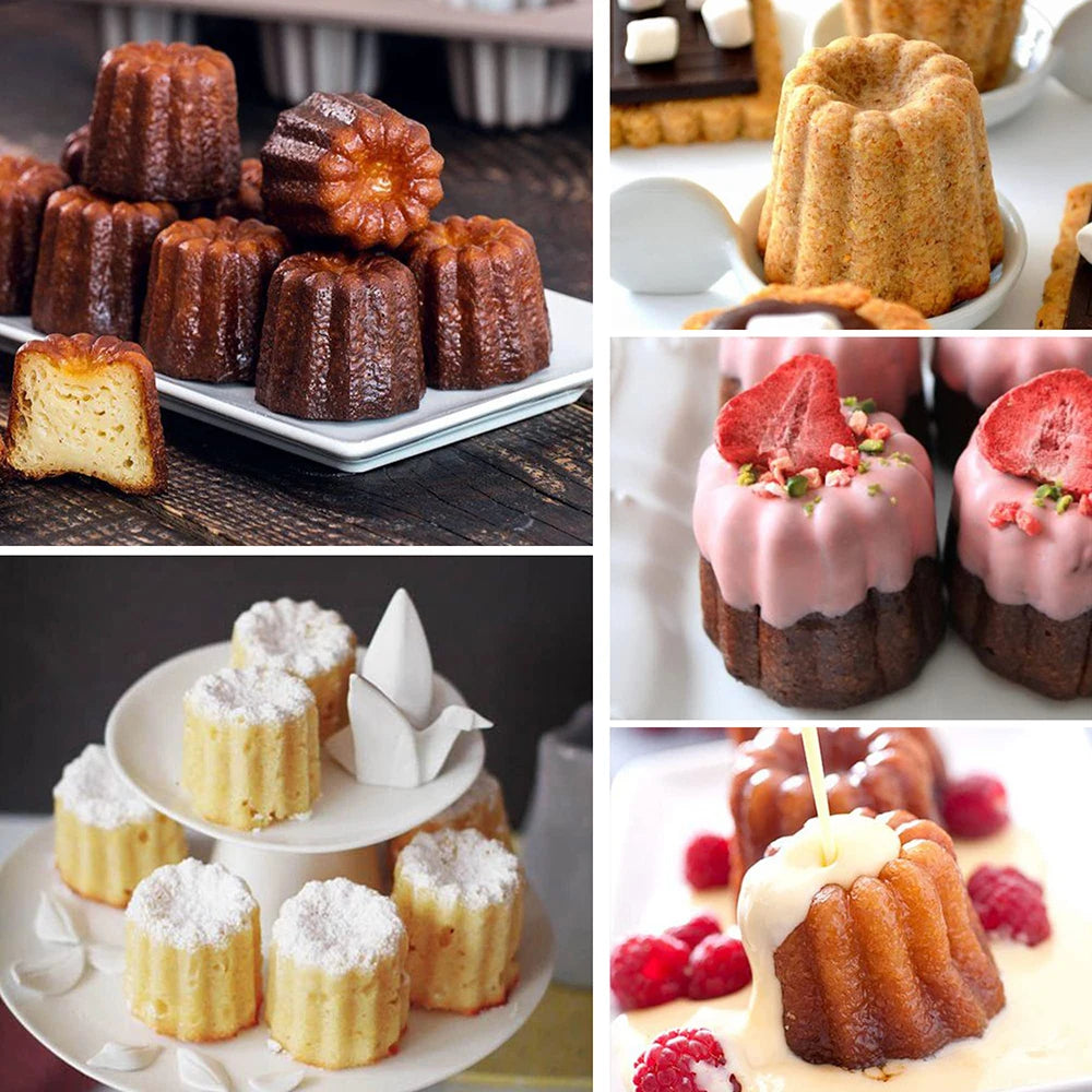 Moule à Cannelés en Silicone – 8, 12 ou 18 Cannelés avec des cannelés dorés et décorés sur différentes présentations