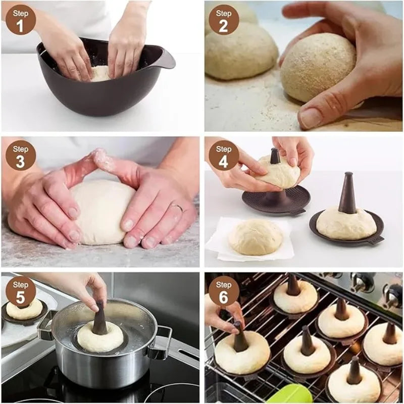 Moule à Donuts Silicone Antiadhésif – Pack 2, 4 ou 6, montrant le processus de préparation des beignets.
