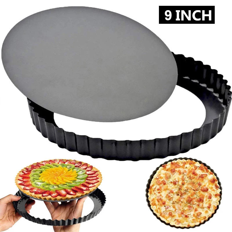 Moule à Tarte 9 Pouces – Antiadhésif et Fond Amovible avec tarte aux fruits et pizza dans le moule