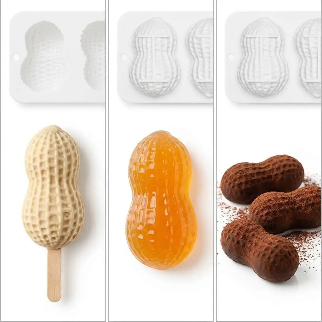 Moule en Forme d’Arachide en Silicone – 3 Cavités avec différents desserts en forme d'arachide