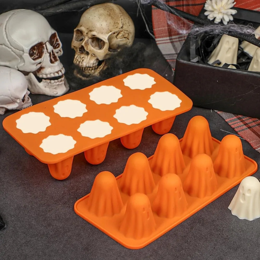 Moule Fantôme Silicone Halloween en orange, parfait pour créer des chocolats et gelée décoratifs