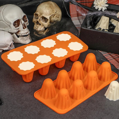 Moule Fantôme Silicone Halloween en orange, parfait pour créer des chocolats et gelée décoratifs