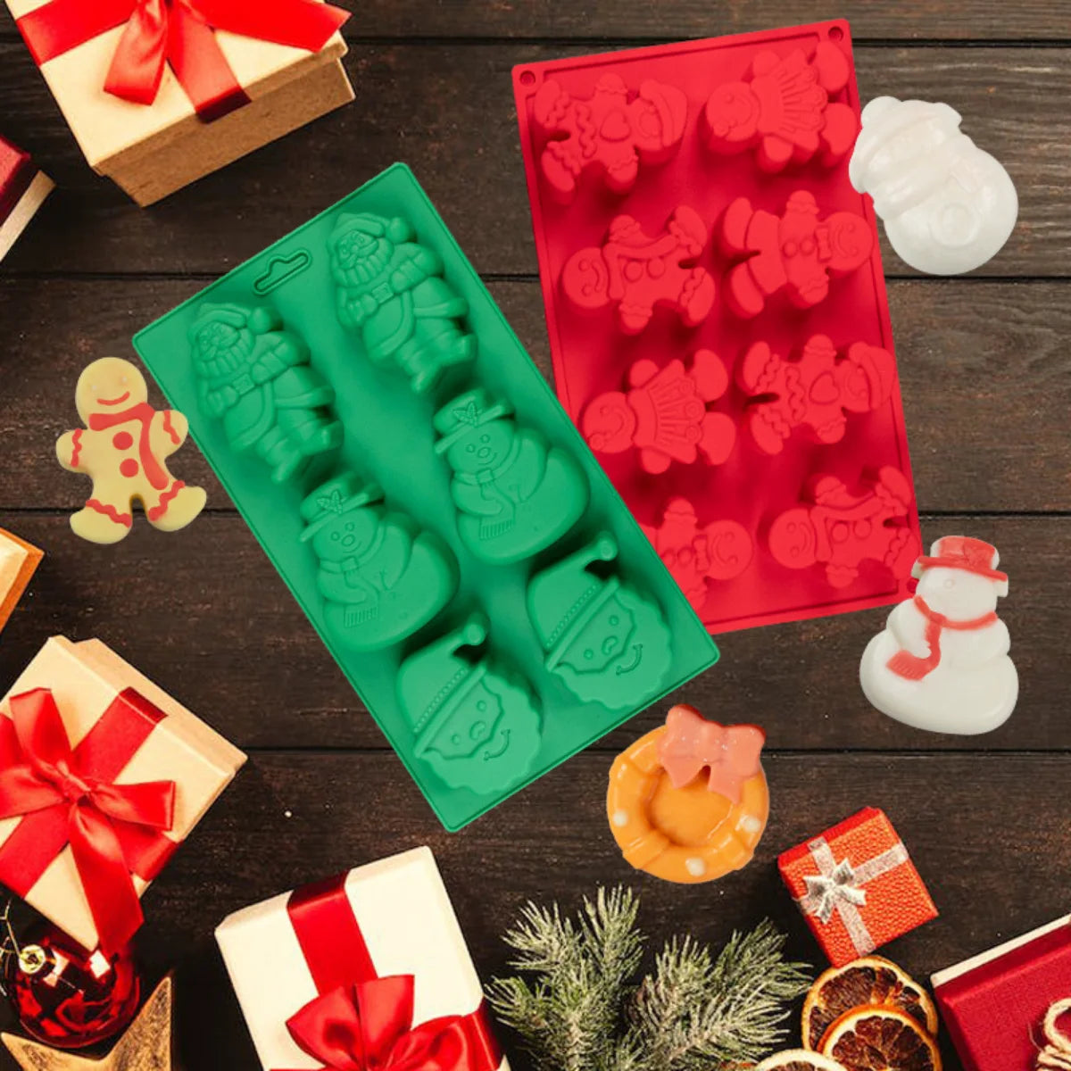 Moules Noël en Silicone Pour Chocolats, Biscuits & Gâteaux en vert et rouge sur une table festive