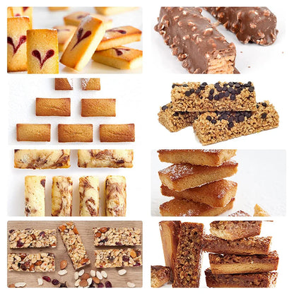 Moule pour barres chocolatées maison avec variétés de barres aux goûts différents sur un fond blanc