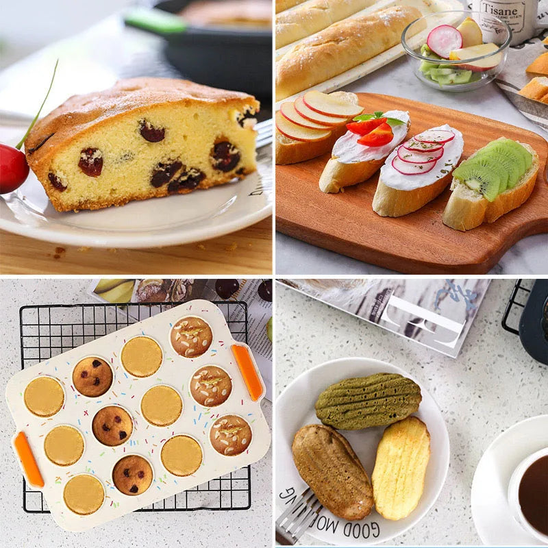 Moule Silicone Antiadhésif – Brownie, Pain & Gâteaux avec diverses pâtisseries fraîches et décorées