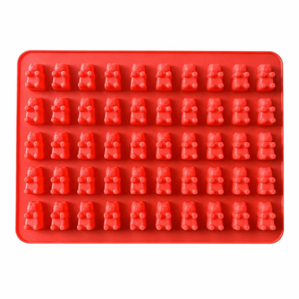 Moule silicone oursons pour bonbons, gummies et chocolat avec 50 silhouettes d'oursons en rouge