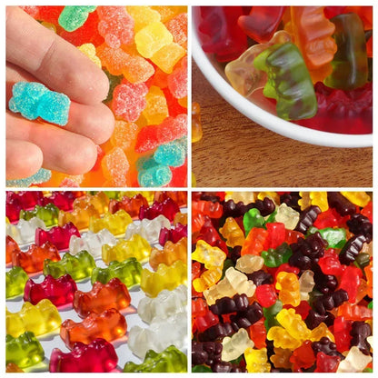 Moule silicone oursons pour bonbons, gummies et chocolat avec différentes couleurs de bonbons en bonne quantité