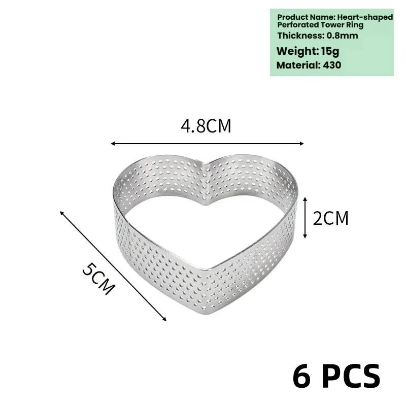 Moules Cœur en Inox Perforés – Lot de 6, idéal pour pâtisserie avec dimensions de 4,8 cm de large.