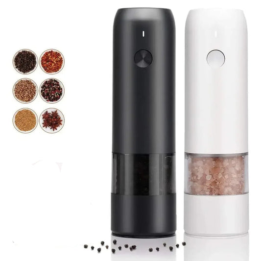 Moulin à Épices Électrique Rechargeable noir et blanc avec accessoires et grains d'épices variés