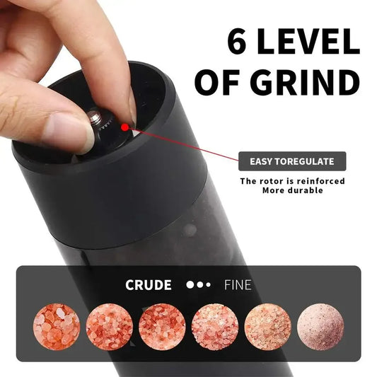 Moulin à Épices Électrique Rechargeable noir avec 6 niveaux de mouture réglables par ustensile de chef