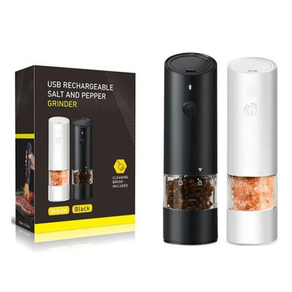 Moulin à Sel et Poivre Électrique Rechargeable USB en noir et blanc avec un design moderne et pratique