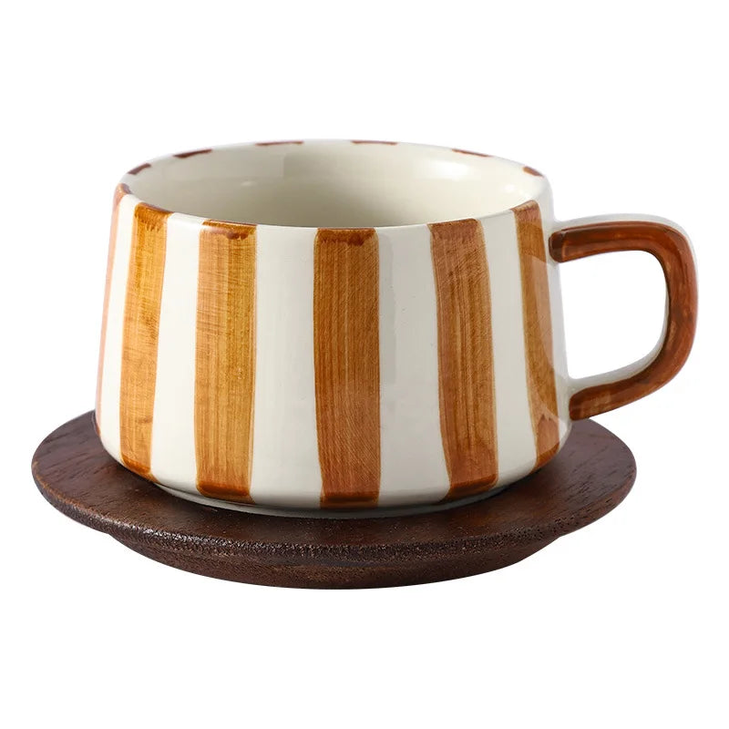 Mug en Porcelaine avec Plateau en bois, design rayé et élégant pour la table