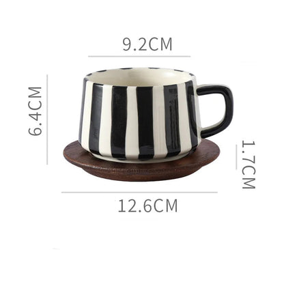 Mug en Porcelaine avec Plateau en bois, style rayé noir et blanc pour café ou thé