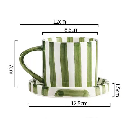 Mug en Porcelaine avec Plateau à rayures vertes, dimensions de 12 cm de diamètre