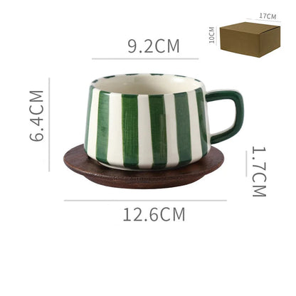 Mug en Porcelaine avec Plateau en bois, motif rayé vert et blanc, dimensions compactes pour un usage quotidien