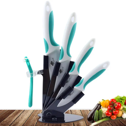 Couteaux Céramique MYVIT – Set 5 Pièces Ultra Tranchantes avec support noir et éplucheur blanc et turquoise