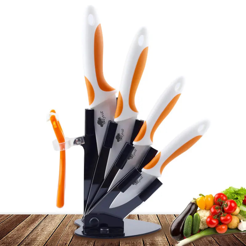 Couteaux Céramique MYVIT – Set 5 Pièces Ultra Tranchantes avec support noir et manches blancs et orange