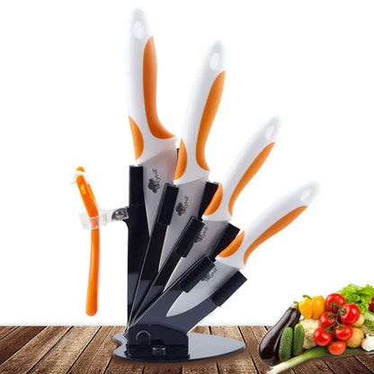 Couteaux Céramique MYVIT – Set 5 Pièces Ultra Tranchantes avec support noir et manches blancs et orange