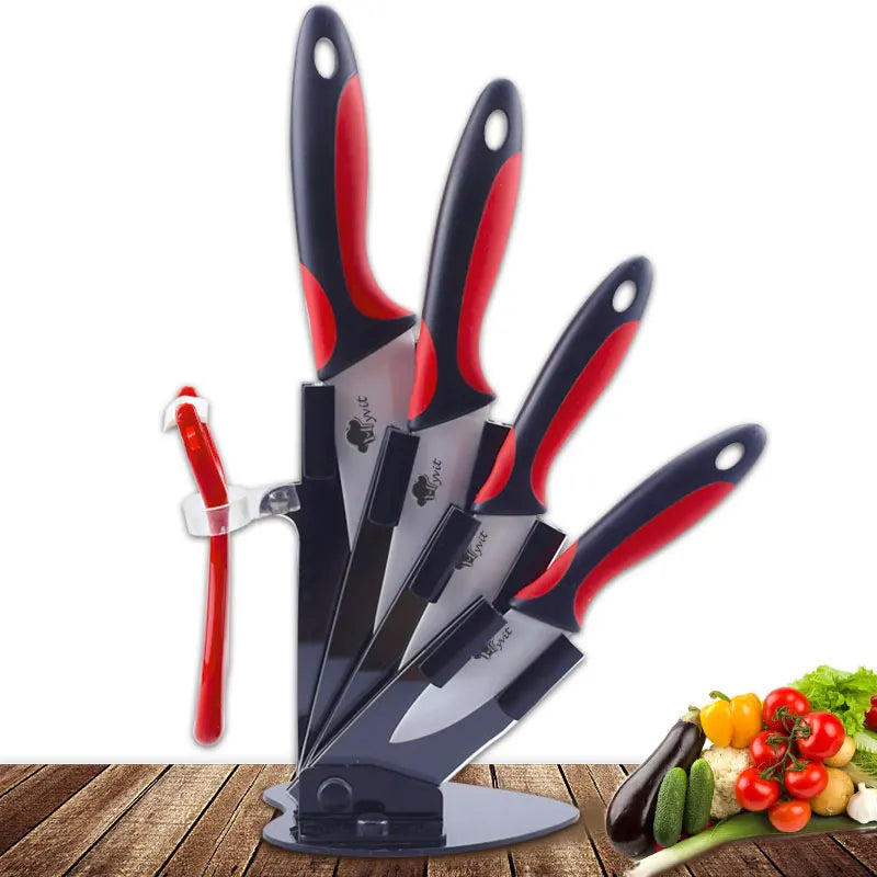 Set de couteaux Couteaux Céramique MYVIT – Set 5 Pièces Ultra Tranchantes avec support noir et manches rouge et noir