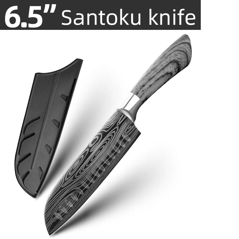 Couteaux de Chef MYVIT – Pro en Acier 7CR Tranchant avec un couteau Santoku de 6.5 pouces et son protège-lame