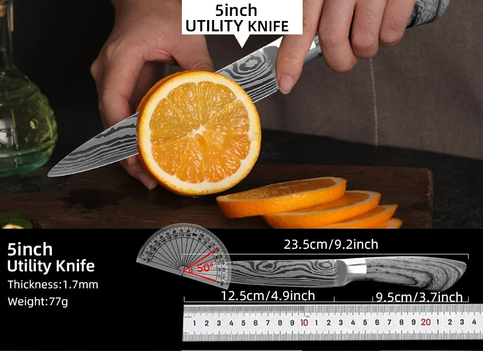 Couteaux de Chef MYVIT – Pro en Acier 7CR Tranchant coupant des oranges avec précision sur une planche en bois