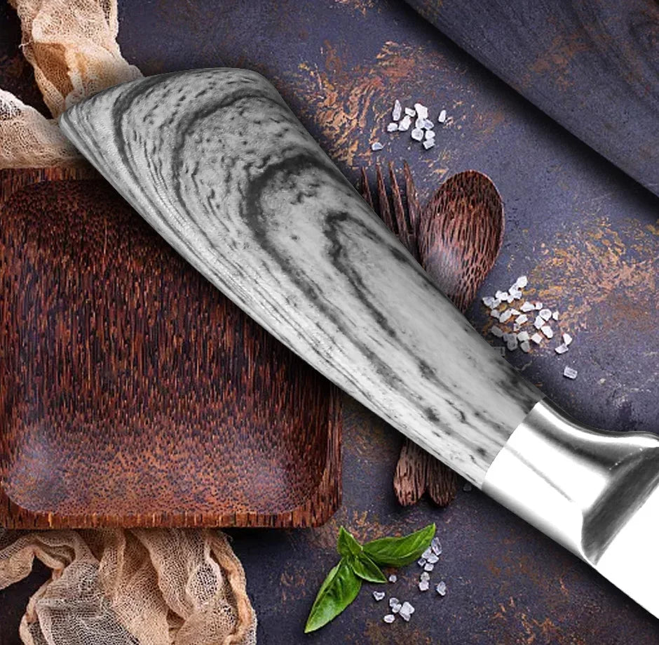 Manche en marbre du couteau de chef MYVIT – Pro en Acier 7CR Tranchant sur planche en bois