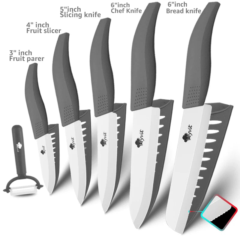 Set 5 Couteaux Céramique MYVIT plus Éplucheur Ultra-Tranchant avec lames blanches et manches noirs