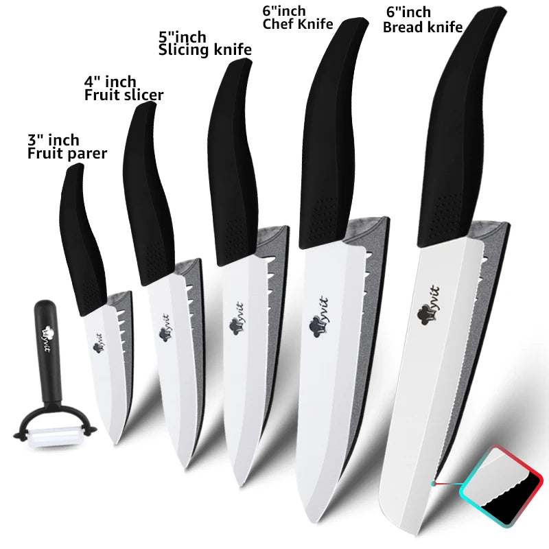 Set 5 Couteaux Céramique MYVIT avec éplucheur ultra-tranchant et manches noirs ergonomiques