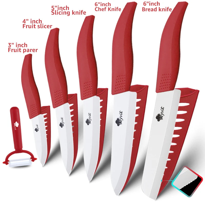 Set 5 Couteaux Céramique MYVIT avec lames blanches et manches rouges plus éplucheur ultra-tranchant