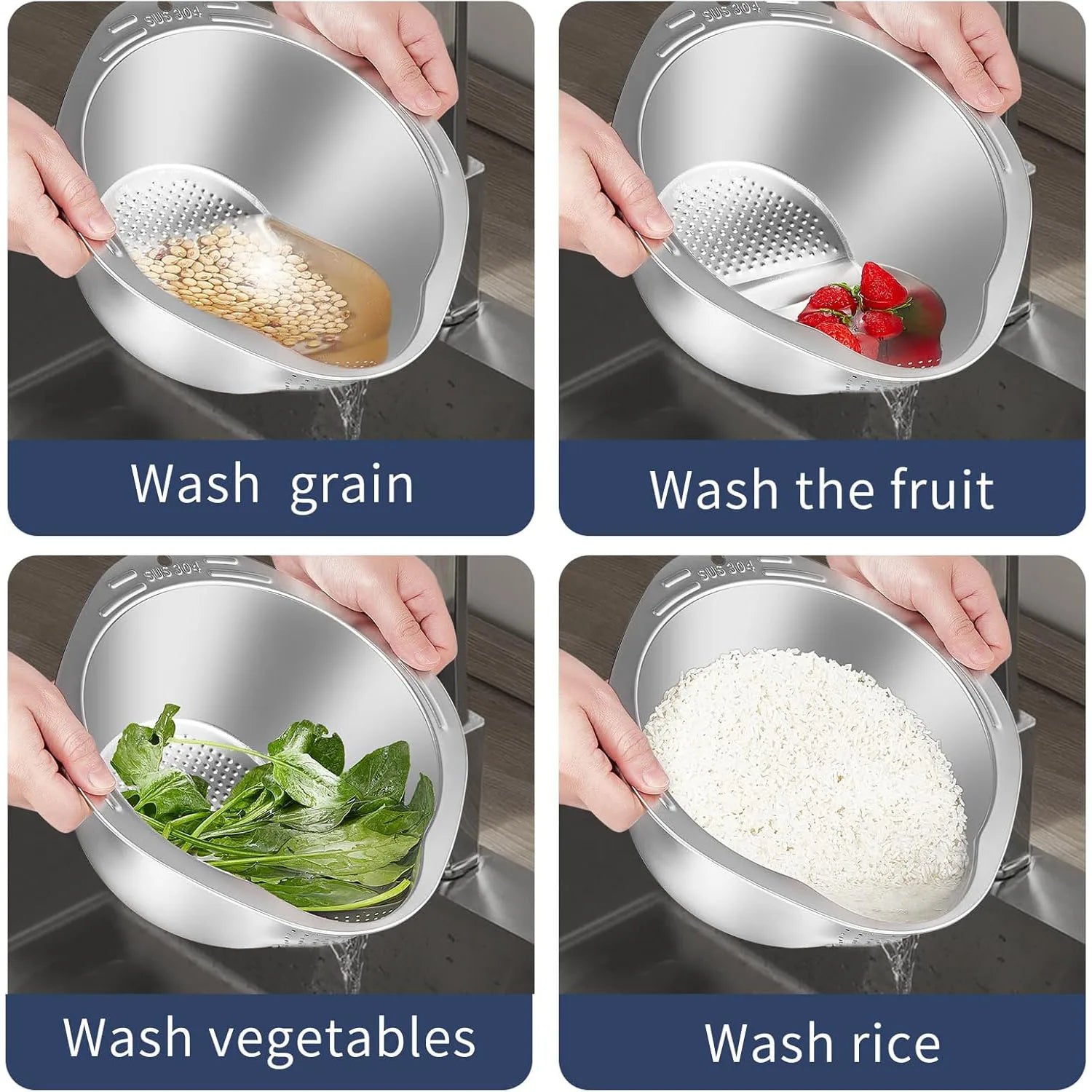 Égouttoir Inox OLOEY – Passoire Cuisine Multifonction pour laver grains, fruits, légumes et riz