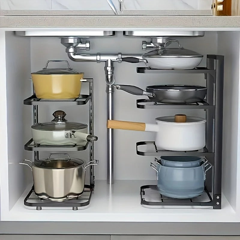 Organisateur de Casseroles et Poêles à Plusieurs Niveaux en métal avec pots de différentes tailles dans un placard