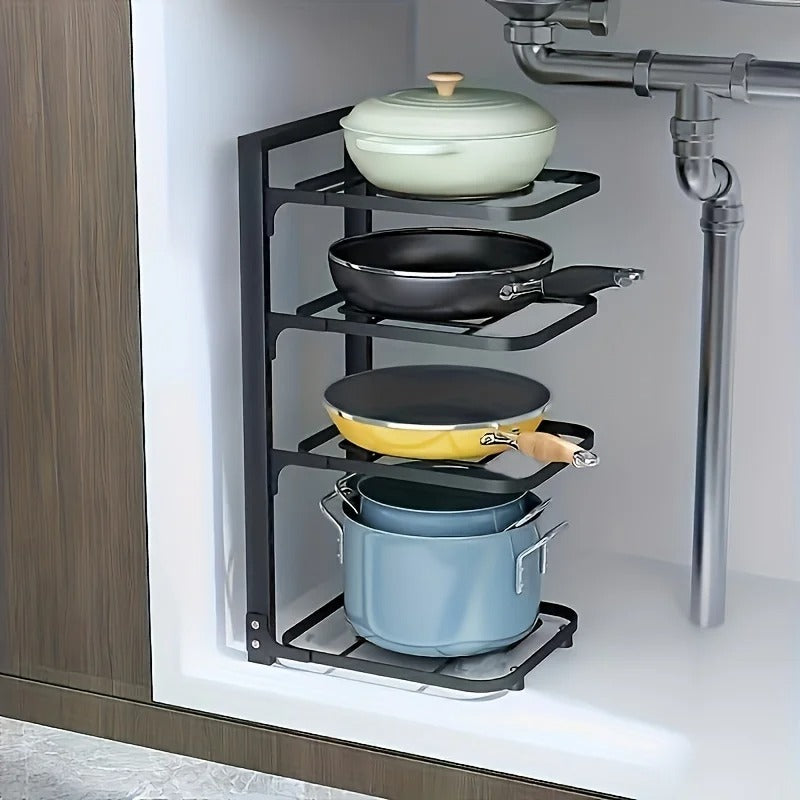 Organisateur de Casseroles et Poêles à Plusieurs Niveaux en métal noir pour un rangement efficace des ustensiles de cuisine