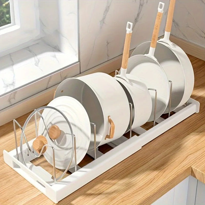 Organisateur de Casseroles Extensible – Séparateur Réglable en blanc avec plusieurs casseroles en acier inoxydable