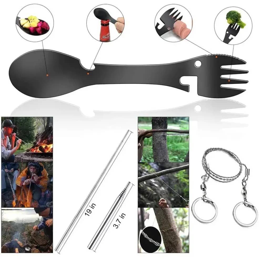 fourchette / cuillère multifonction et d'autres outils que contient le kit survie solo 72h 