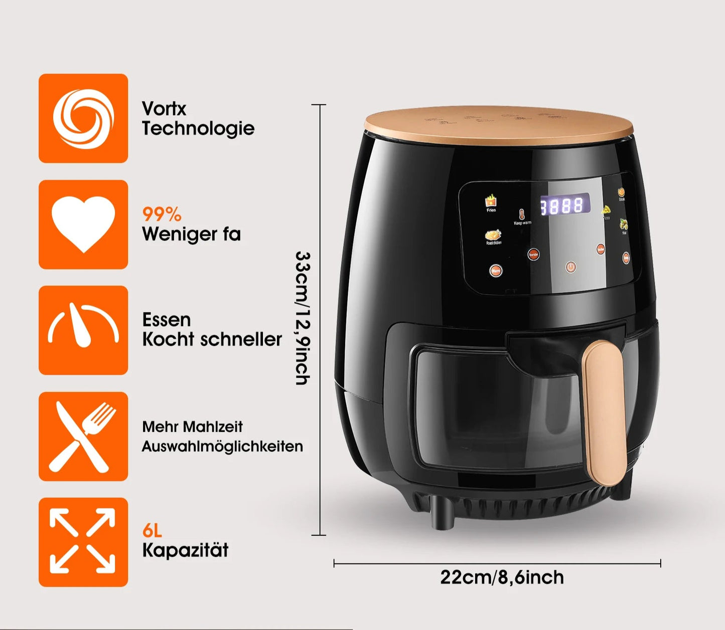 Friteuse à Air Oyajia 6L – Cuisson Saine Sans Huile Rapide avec technologie Vortx et grande capacité