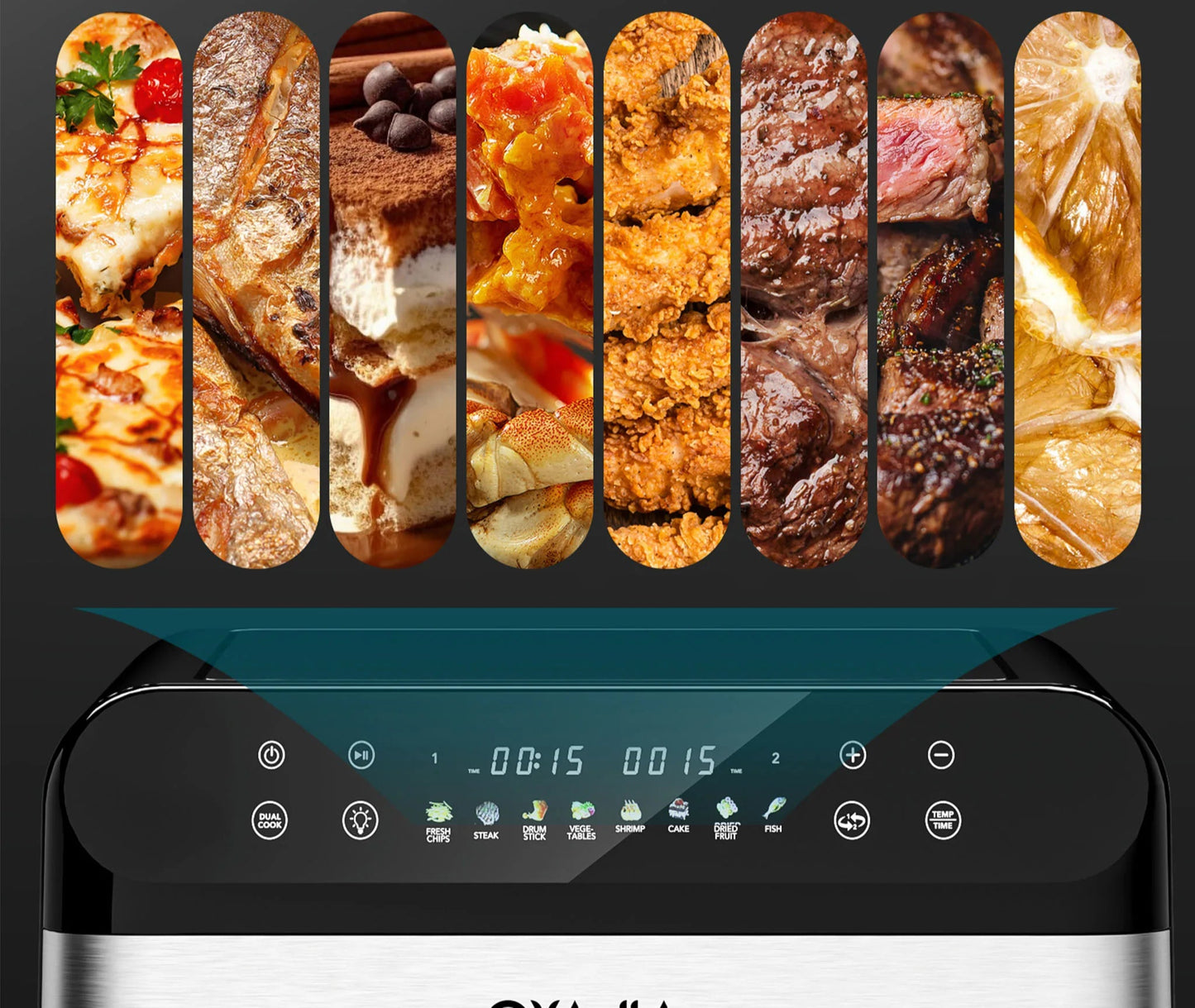 Panneau de contrôle de la Friteuse à Air Double Zone 10L Inox – 8 Programmes avec divers plats cuisinés