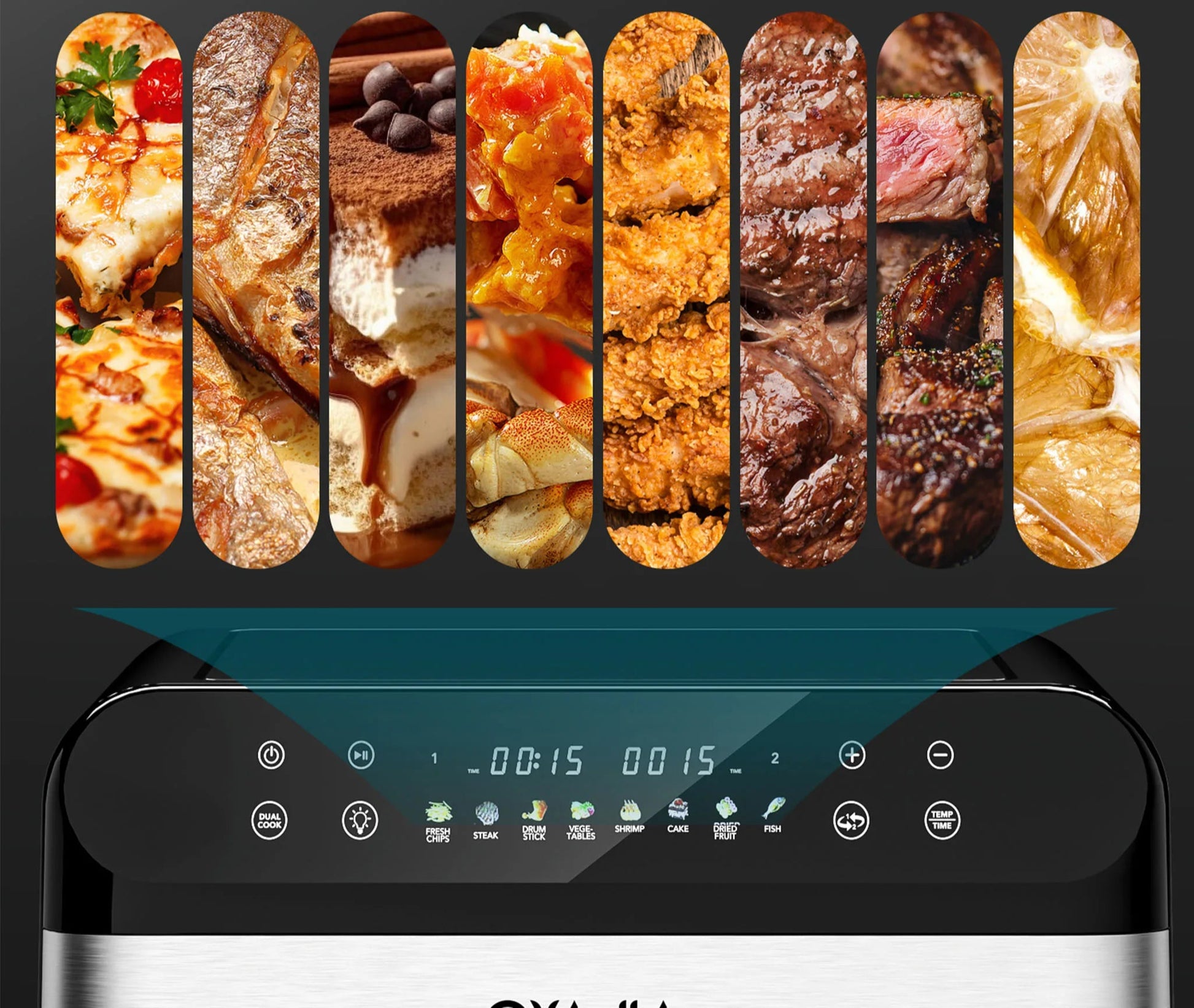 Panneau de contrôle de la Friteuse à Air Double Zone 10L Inox – 8 Programmes avec divers plats cuisinés