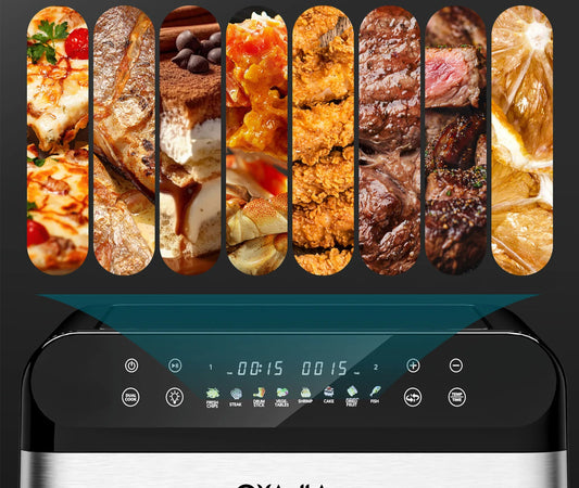 Panneau de contrôle de la Friteuse à Air Double Zone 10L Inox – 8 Programmes avec divers plats cuisinés