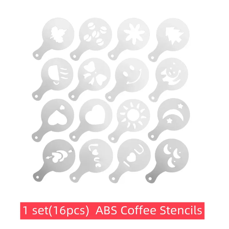 Pack Café Maison – Mousseur à lait + Tamiseur + Pochoirs à café en inox avec 16 pochoirs créatifs