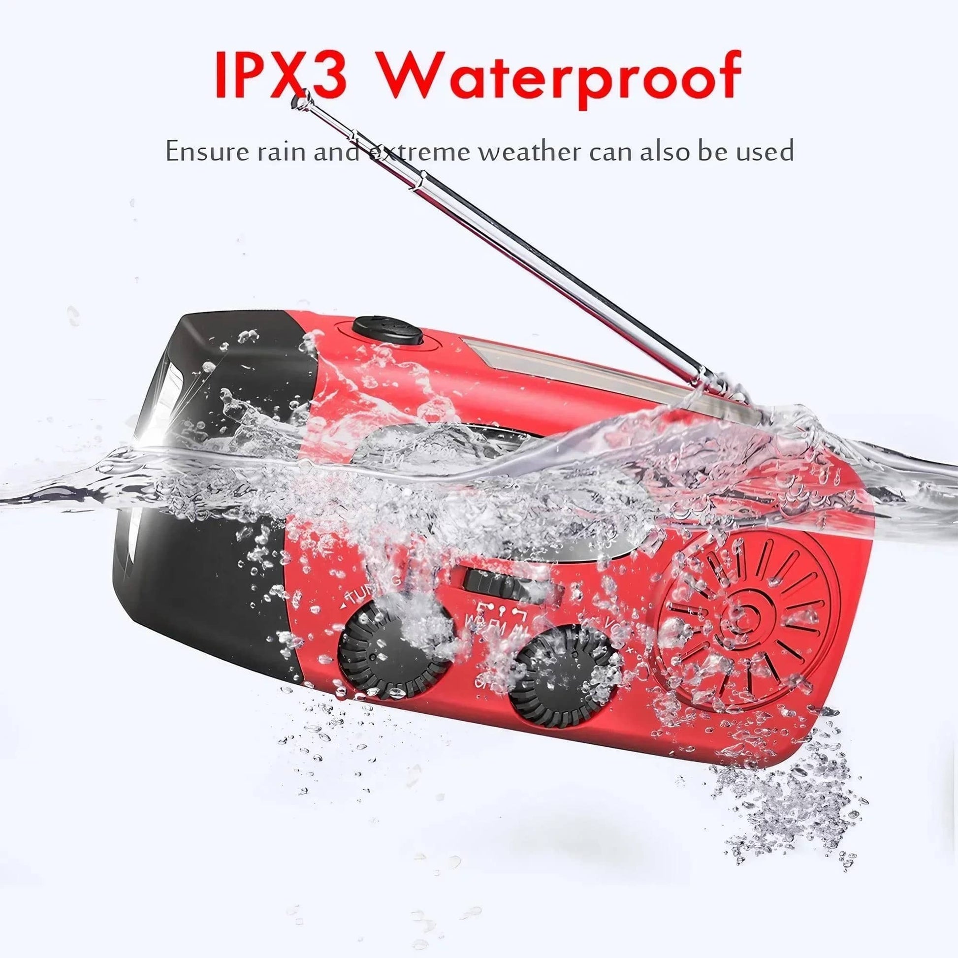 Radio à manivelle étanche IPX3 dans l'eau, parfait pour Pack Survie Solo 72h – Kit complet Guide PDF offert.