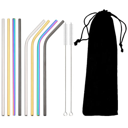 8 Pailles acier inoxydable réutilisables – Écologiques & durables. Droites et coudées colorées, goupillons et pochette noire
