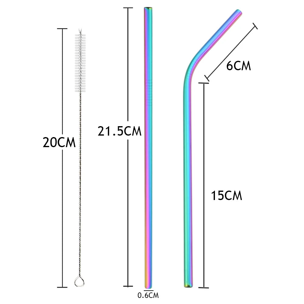 Pailles acier inoxydable réutilisables – Écologiques & durables. Pailles arc en ciel droite et coudée avec goupillon