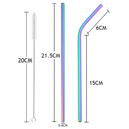 Pailles acier inoxydable réutilisables – Écologiques & durables. Pailles arc en ciel droite et coudée avec goupillon
