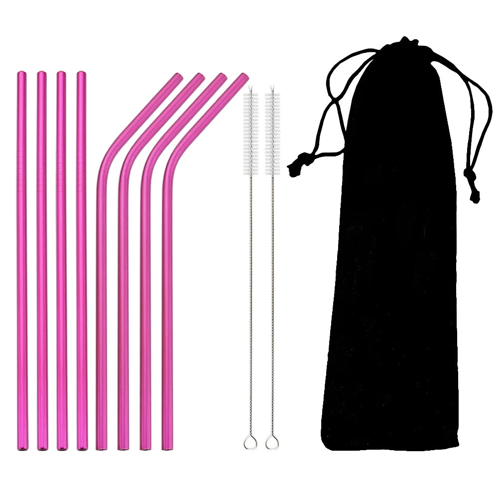 Pailles acier inoxydable réutilisables – Écologiques & durables. 8 pailles roses 4 droites 4 coudées, 2 brosses et pochette noire