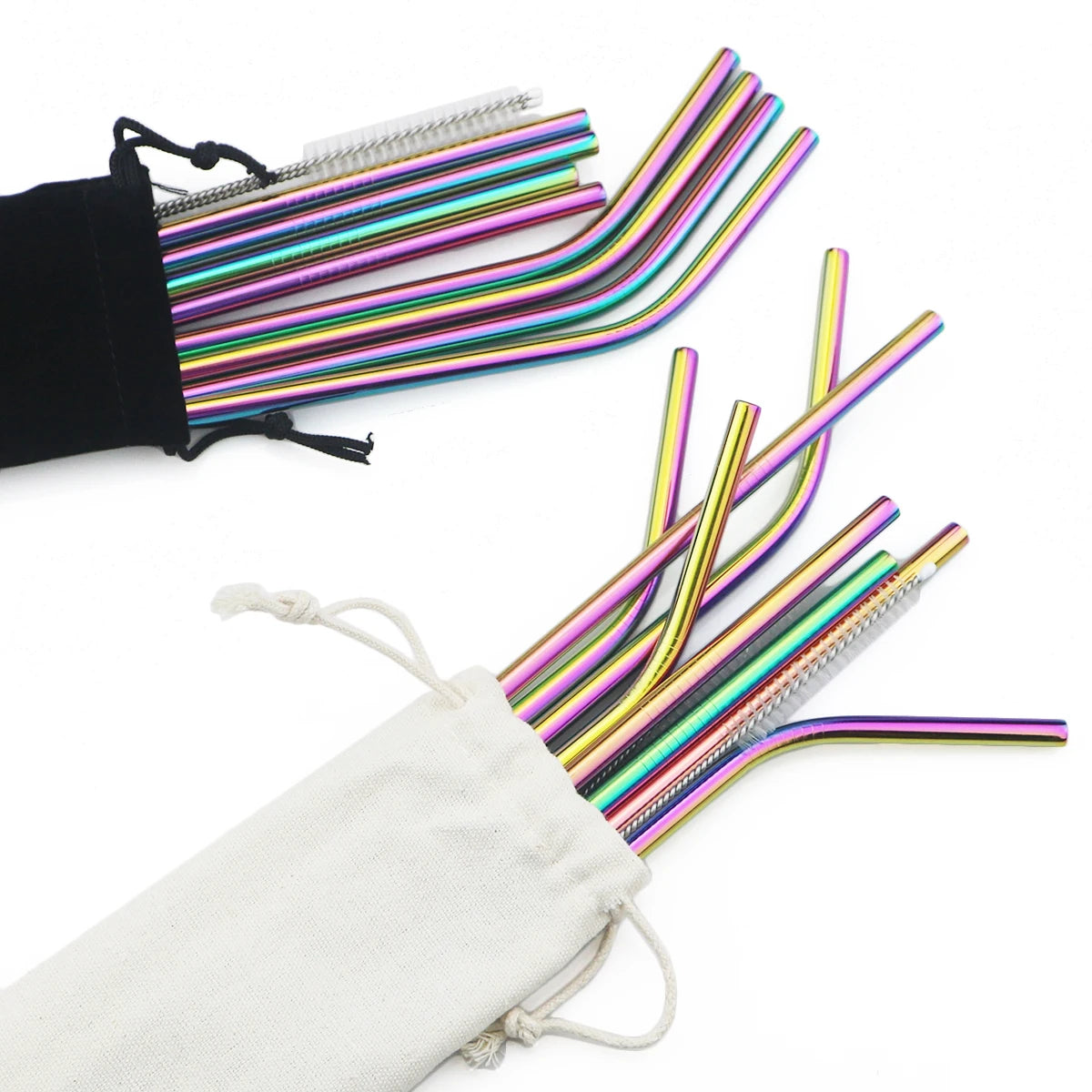 Pailles acier inoxydable réutilisables – Écologiques & durables. Pailles multicolores courbées et droites avec brosse et pochons
